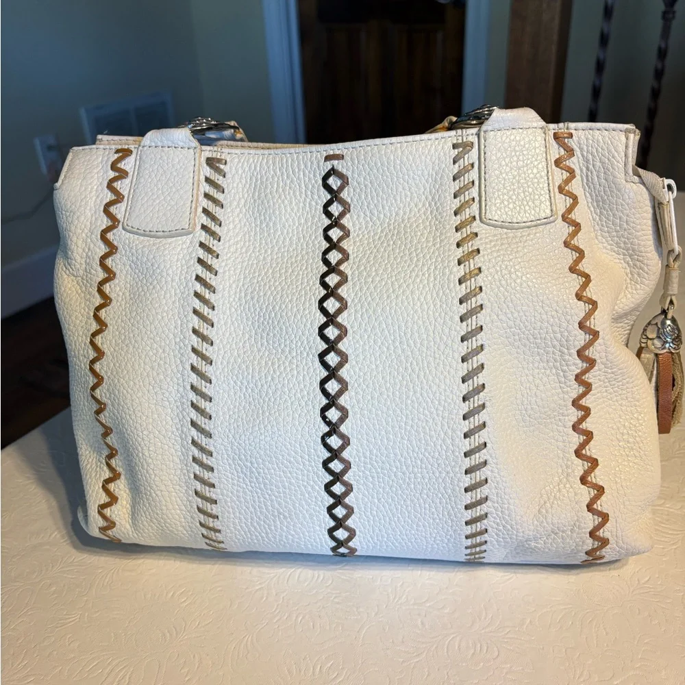 Brighton OffWhite Shoulder Bag w/ Gold, Bronze, Blk and Brn Decorative Stitching - Picture 1 of 6